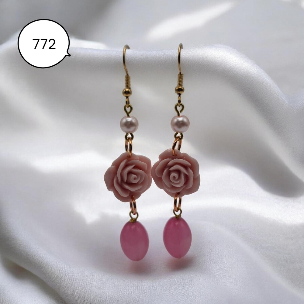 Pink Rose Dangle Earrings with Pearl Accent – Floral Drop Earrings